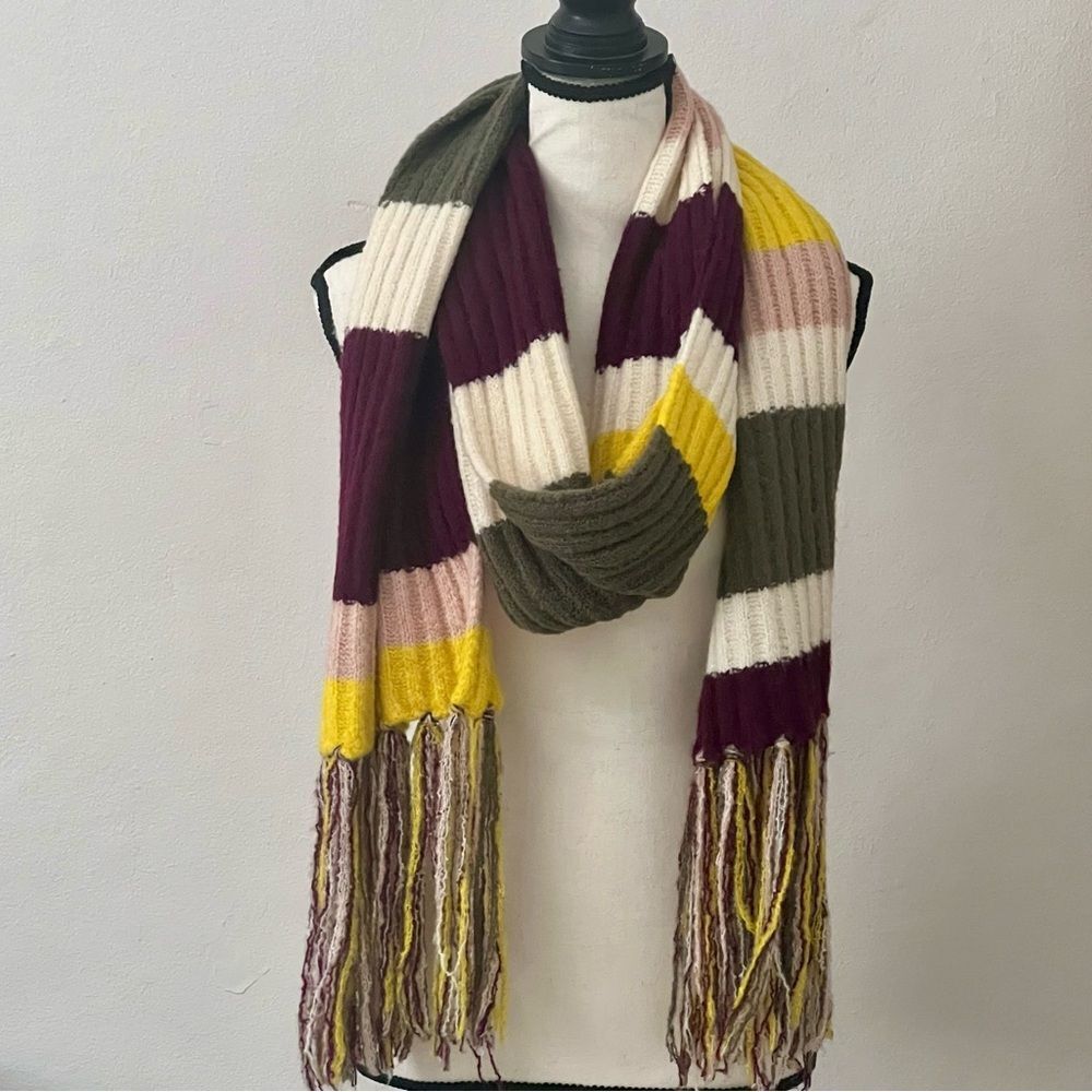 Express Womens Ribbed Knit Colorblock Scarf Multicolor Oversized Fringe Chunky